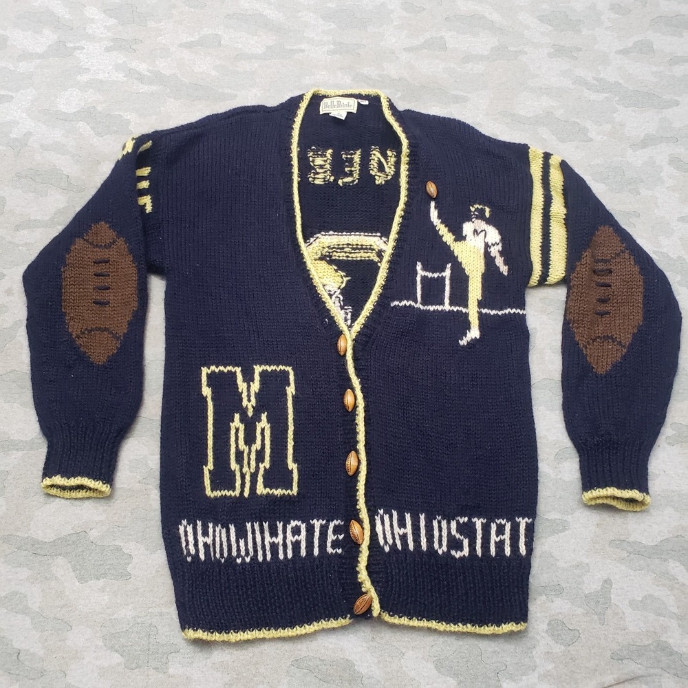 VTG Michigan Wolverines Cardigan Sweater Men Medium Blue Hand Knit Wool Football